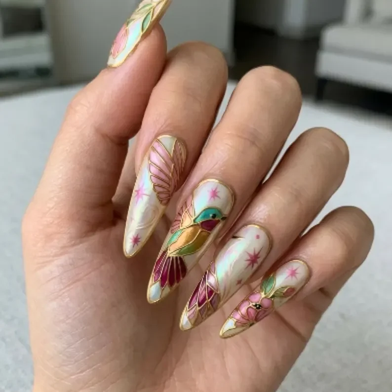 iridescent opal, gold bird art, press on nails, custom press on nails, fake nails, Nails Art, stained glass nails, gold press on nails, 3d press on nails, luxury press on nails, handmade press on nails