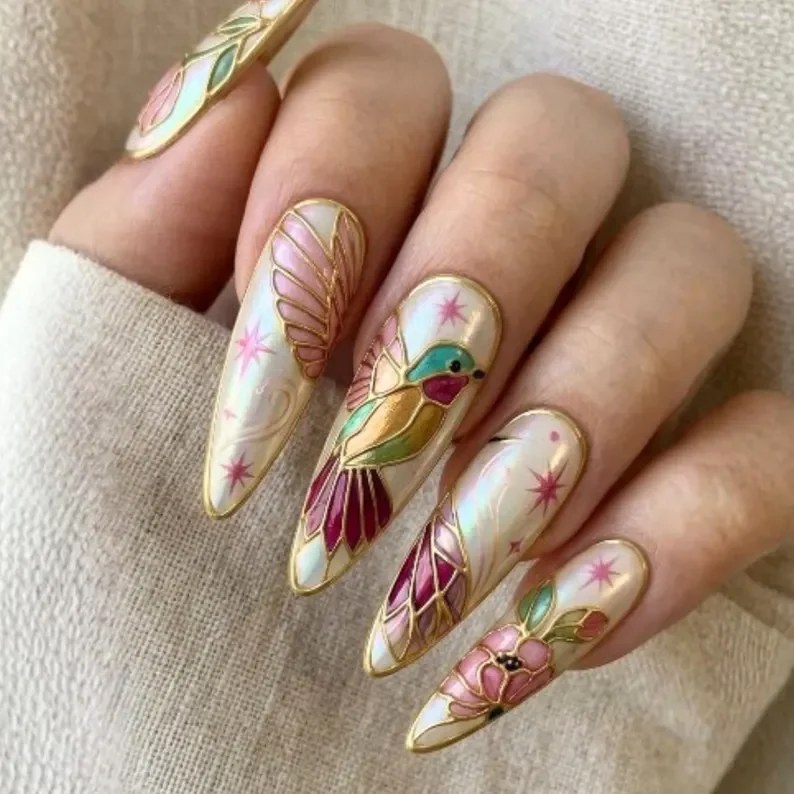 hummingbird design, opal iridescent nails, press on nails, custom press on nails, fake nails, Nails Art, stained glass nails, gold press on nails, 3d press on nails, luxury press on nails, handmade press on nails
