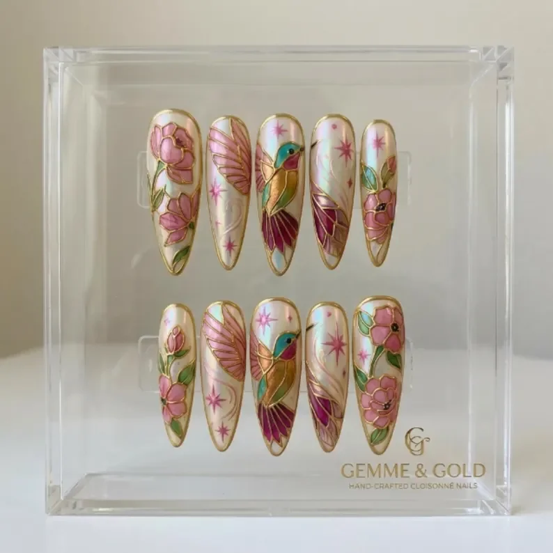 enchanted hummingbird, hand-painted nails, press on nails, custom press on nails, fake nails, Nails Art, stained glass nails, gold press on nails, 3d press on nails, luxury press on nails, handmade press on nails