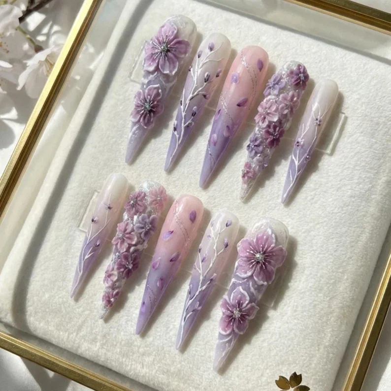 lavender floral, sculpted floral, press on nails, custom press on nails, fake nails, Nails Art, stained glass nails, gold press on nails, 3d press on nails, luxury press on nails, handmade press on nails