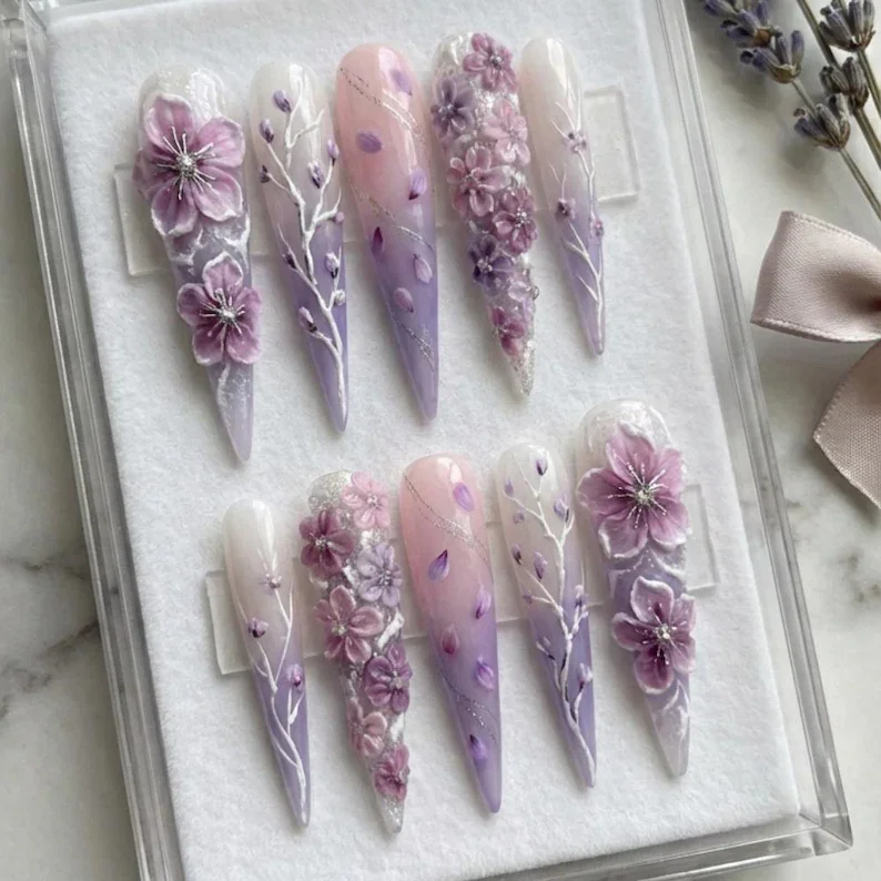 enchanted lavender garden, 3D sculpted nails, press on nails, custom press on nails, fake nails, Nails Art, stained glass nails, gold press on nails, 3d press on nails, luxury press on nails, handmade press on nails