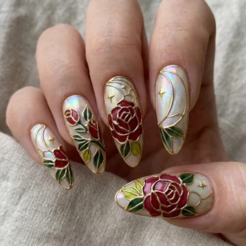 gold cloisonné nails, rose themed nails, press on nails, custom press on nails, fake nails, Nails Art, stained glass nails, gold press on nails, 3d press on nails, luxury press on nails, handmade press on nails