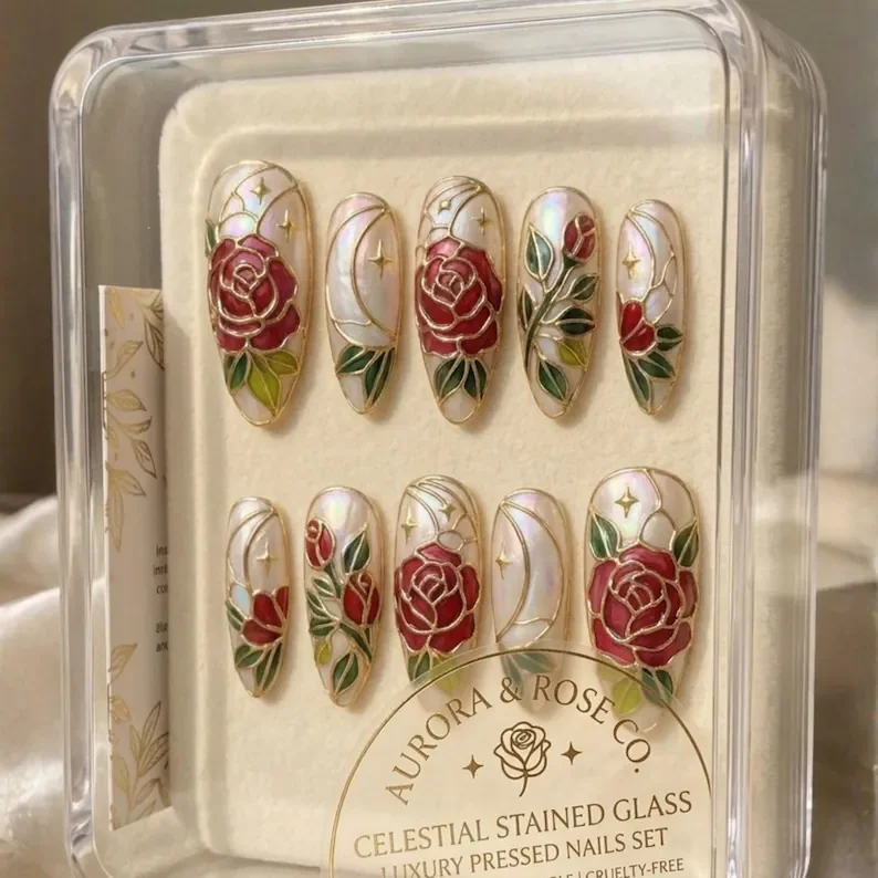 enchanted rose nails, stained glass nails, press on nails, custom press on nails, fake nails, Nails Art, gold press on nails, 3d press on nails, luxury press on nails, handmade press on nails