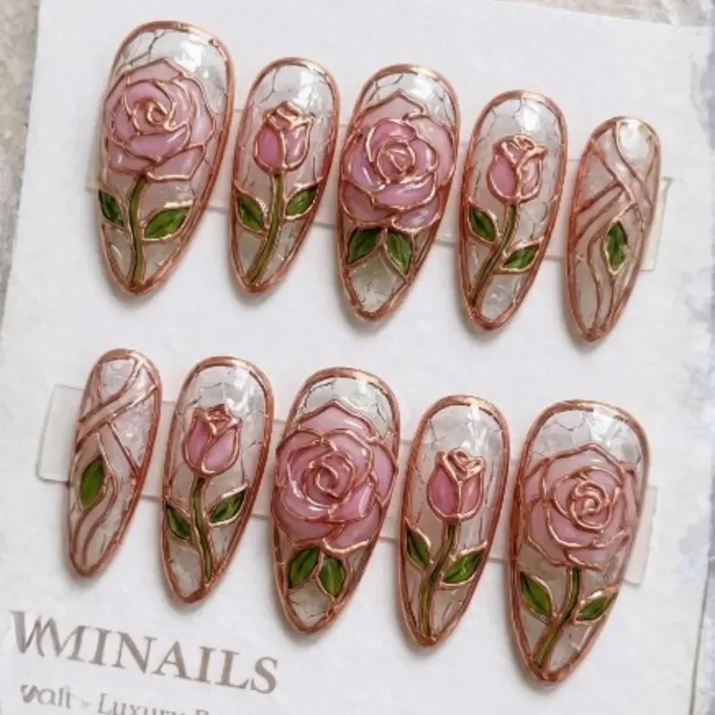 enchanted stained glass, press on nails, custom press on nails, fake nails, Nails Art, stained glass nails, gold press on nails, 3d press on nails, luxury press on nails, handmade press on nails