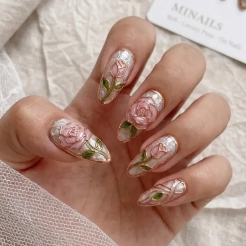 3D metallic, rose gold nails, press on nails, custom press on nails, fake nails, Nails Art, stained glass nails, gold press on nails, 3d press on nails, luxury press on nails, handmade press on nails