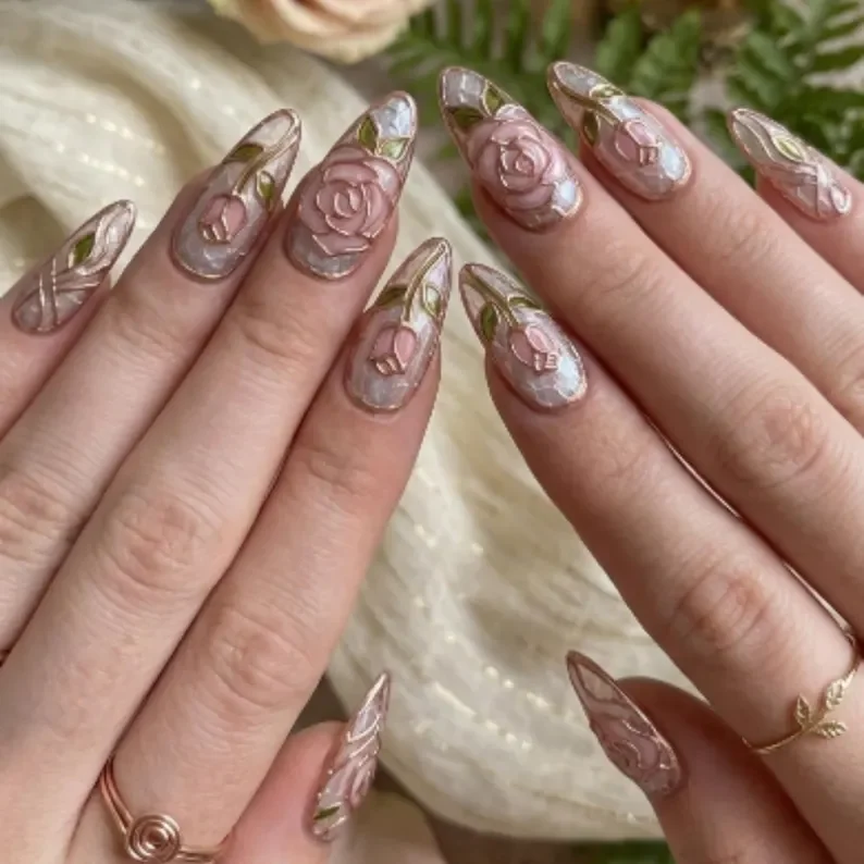 floral art nails, rose gold floral, press on nails, custom press on nails, fake nails, Nails Art, stained glass nails, gold press on nails, 3d press on nails, luxury press on nails, handmade press on nails