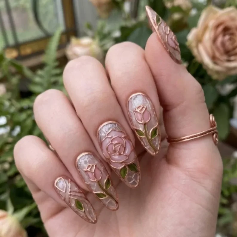 stained glass nails, metallic rose gold, press on nails, custom press on nails, fake nails, Nails Art, gold press on nails, 3d press on nails, luxury press on nails, handmade press on nails
