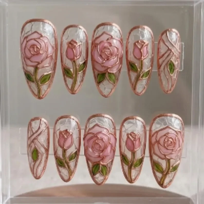 3D floral nails, enchanted stained glass, press on nails, custom press on nails, fake nails, Nails Art, stained glass nails, gold press on nails, 3d press on nails, luxury press on nails, handmade press on nails
