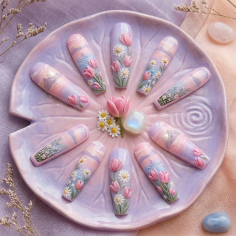 enchanted sunset garden, 3D hand painted, press on nails, custom press on nails, fake nails, Nails Art, stained glass nails, gold press on nails, 3d press on nails, luxury press on nails, handmade press on nails