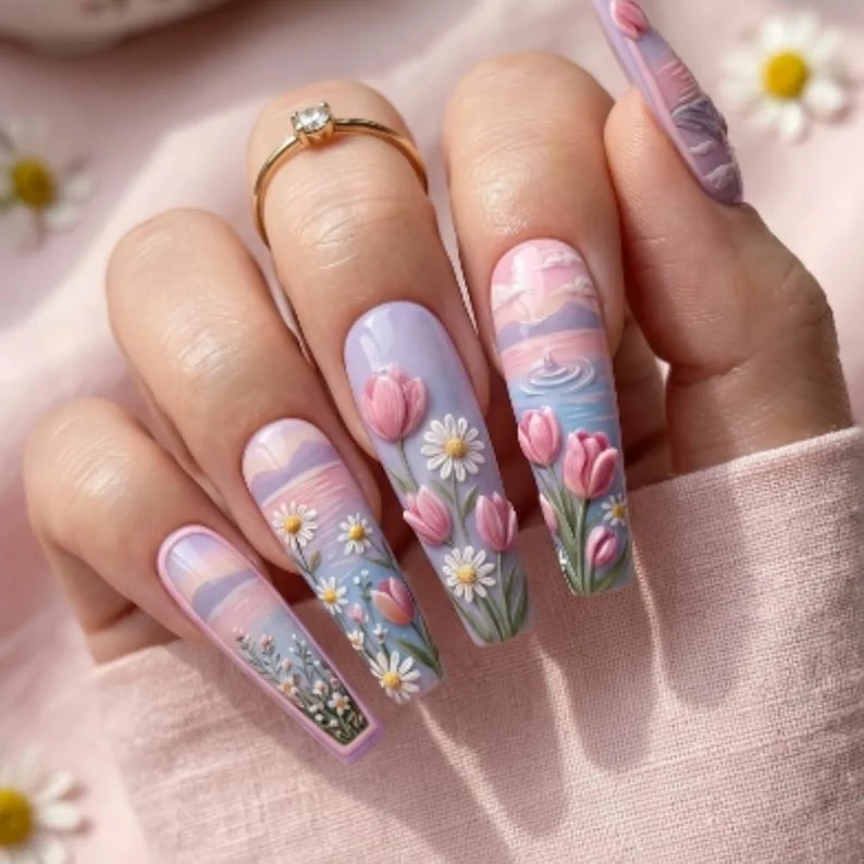 press on nails, whimsical tulip, custom press on nails, fake nails, Nails Art, stained glass nails, gold press on nails, 3d press on nails, luxury press on nails, handmade press on nails