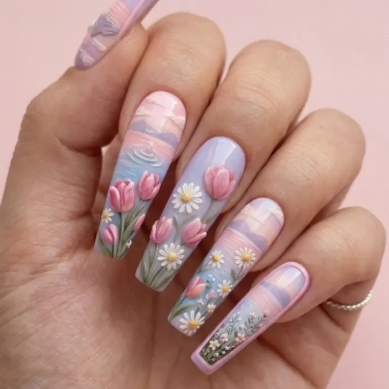 daisy artisan set, artisan nail set, press on nails, custom press on nails, fake nails, Nails Art, stained glass nails, gold press on nails, 3d press on nails, luxury press on nails, handmade press on nails
