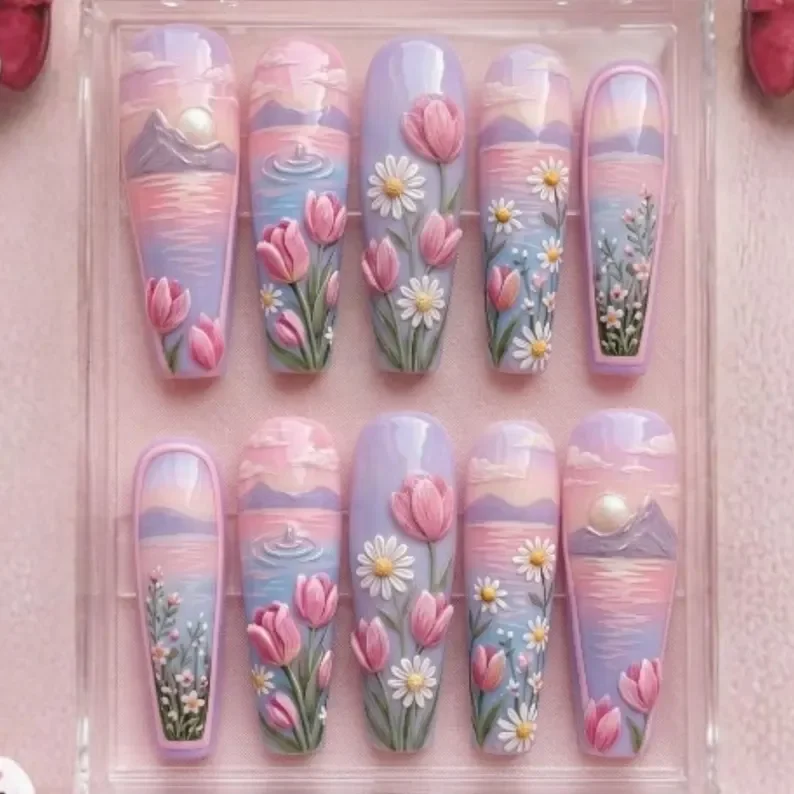 enchanted sunset garden, 3D hand painted, press on nails, custom press on nails, fake nails, Nails Art, stained glass nails, gold press on nails, 3d press on nails, luxury press on nails, handmade press on nails