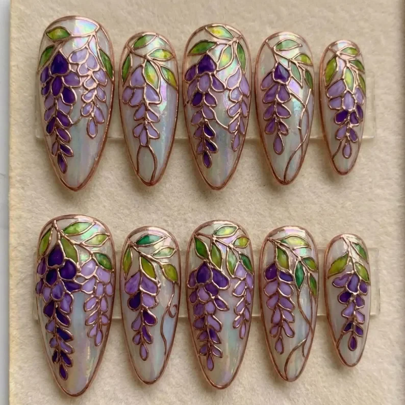 enchanted wisteria, stained glass nails, press on nails, custom press on nails, fake nails, Nails Art, gold press on nails, 3d press on nails, luxury press on nails, handmade press on nails