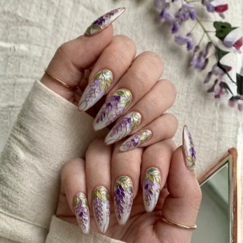 purple floral, floral nail art, press on nails, custom press on nails, fake nails, Nails Art, stained glass nails, gold press on nails, 3d press on nails, luxury press on nails, handmade press on nails