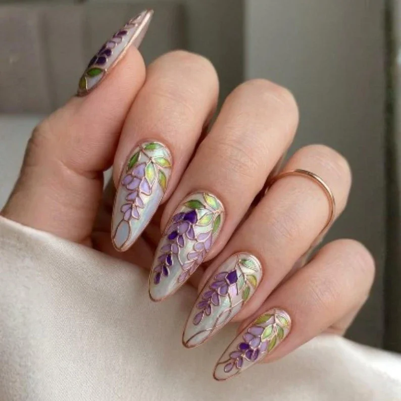 rose gold nails, wisteria nail design, press on nails, custom press on nails, fake nails, Nails Art, stained glass nails, gold press on nails, 3d press on nails, luxury press on nails, handmade press on nails
