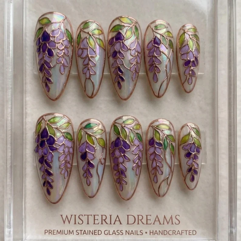 enchanted wisteria, stained glass nails, press on nails, custom press on nails, fake nails, Nails Art, gold press on nails, 3d press on nails, luxury press on nails, handmade press on nails