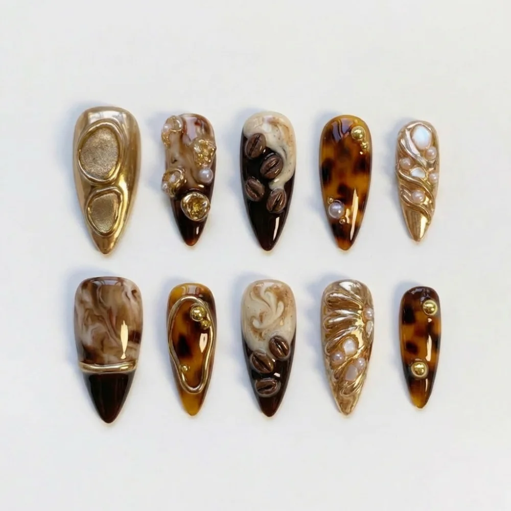 espresso gold nails, press on nails, custom press on nails, fake nails, Nails Art, stained glass nails, gold press on nails, 3d press on nails, luxury press on nails, handmade press on nails