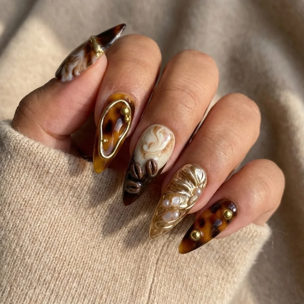 luxury tortoiseshell, 3D coffee bean, press on nails, custom press on nails, fake nails, Nails Art, stained glass nails, gold press on nails, 3d press on nails, luxury press on nails, handmade press on nails