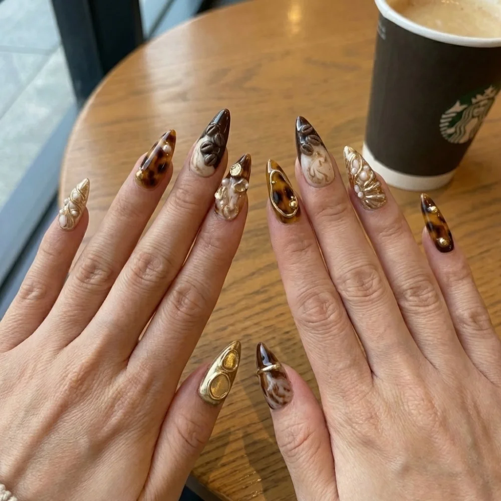 coffee bean nail art, espresso gold nails, press on nails, custom press on nails, fake nails, Nails Art, stained glass nails, gold press on nails, 3d press on nails, luxury press on nails, handmade press on nails