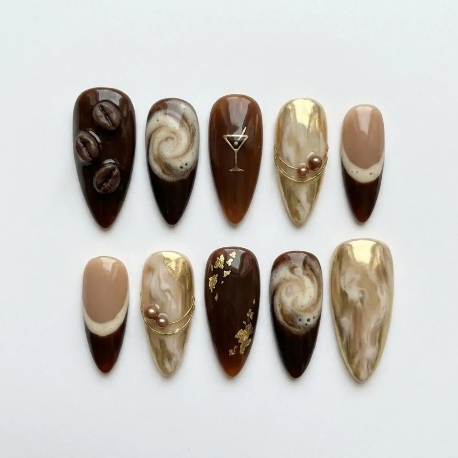 espresso martini nails, press on nails, custom press on nails, fake nails, Nails Art, stained glass nails, gold press on nails, 3d press on nails, luxury press on nails, handmade press on nails