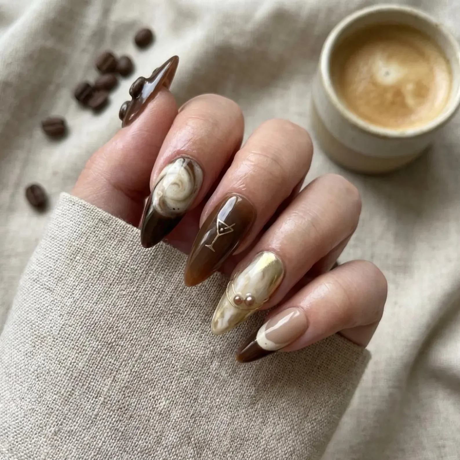 3D coffee bean, coffee bean art, press on nails, custom press on nails, fake nails, Nails Art, stained glass nails, gold press on nails, 3d press on nails, luxury press on nails, handmade press on nails