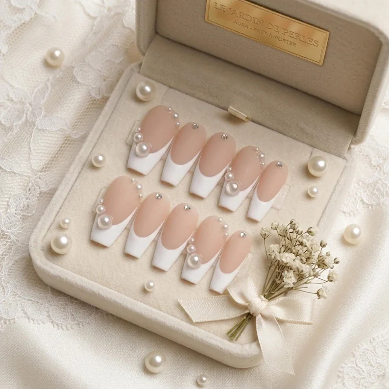 Eternal Pearl Bridal, 3D Pearl Nails, press on nails, custom press on nails, fake nails, Nails Art, stained glass nails, gold press on nails, 3d press on nails, luxury press on nails, handmade press on nails