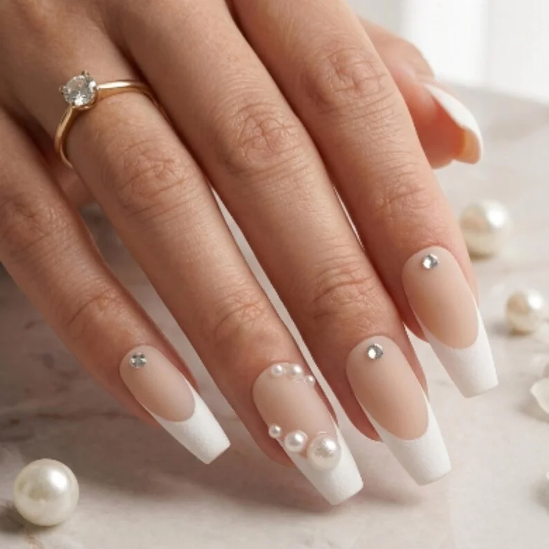 French Tip Press-On, Matte White Nails, press on nails, custom press on nails, fake nails, Nails Art, stained glass nails, gold press on nails, 3d press on nails, luxury press on nails, handmade press on nails