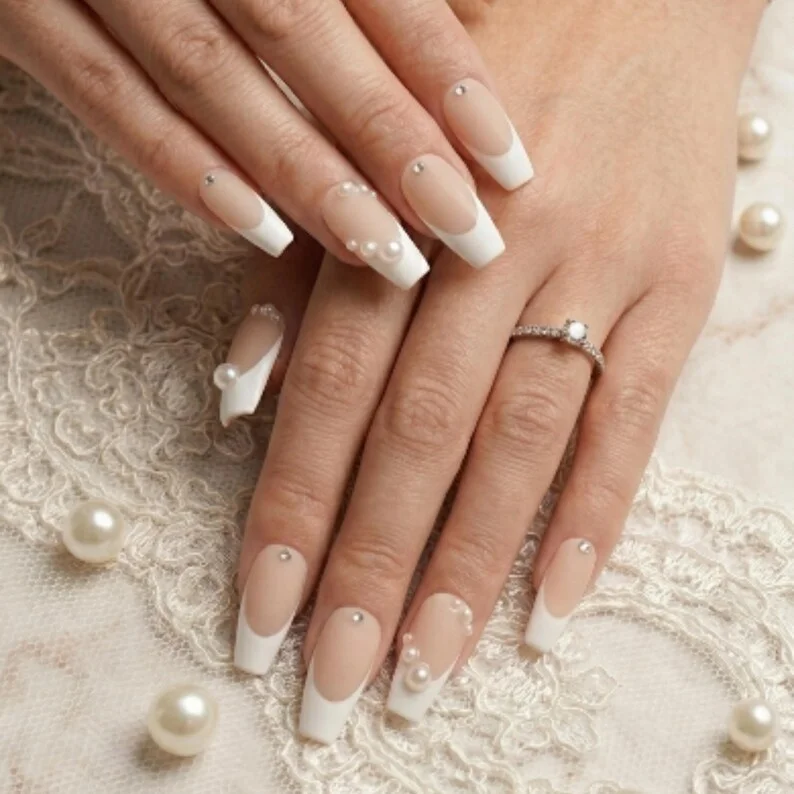 Nude Wedding Nails, Wedding Nail Art, press on nails, custom press on nails, fake nails, Nails Art, stained glass nails, gold press on nails, 3d press on nails, luxury press on nails, handmade press on nails