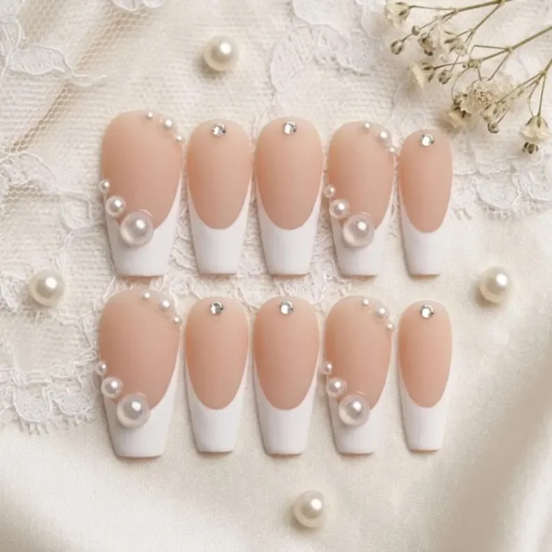 Eternal Pearl Bridal, 3D Pearl Nails, press on nails, custom press on nails, fake nails, Nails Art, stained glass nails, gold press on nails, 3d press on nails, luxury press on nails, handmade press on nails