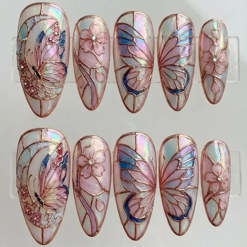 stained glass nails, press on nails, custom press on nails, fake nails, Nails Art, gold press on nails, 3d press on nails, luxury press on nails, handmade press on nails
