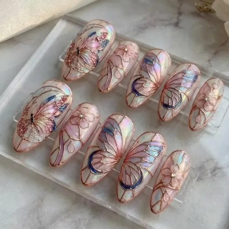 butterfly nail art, cherry blossom nails, press on nails, custom press on nails, fake nails, Nails Art, stained glass nails, gold press on nails, 3d press on nails, luxury press on nails, handmade press on nails