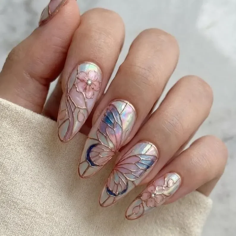 ethereal butterfly, press-on nail set, press on nails, custom press on nails, fake nails, Nails Art, stained glass nails, gold press on nails, 3d press on nails, luxury press on nails, handmade press on nails