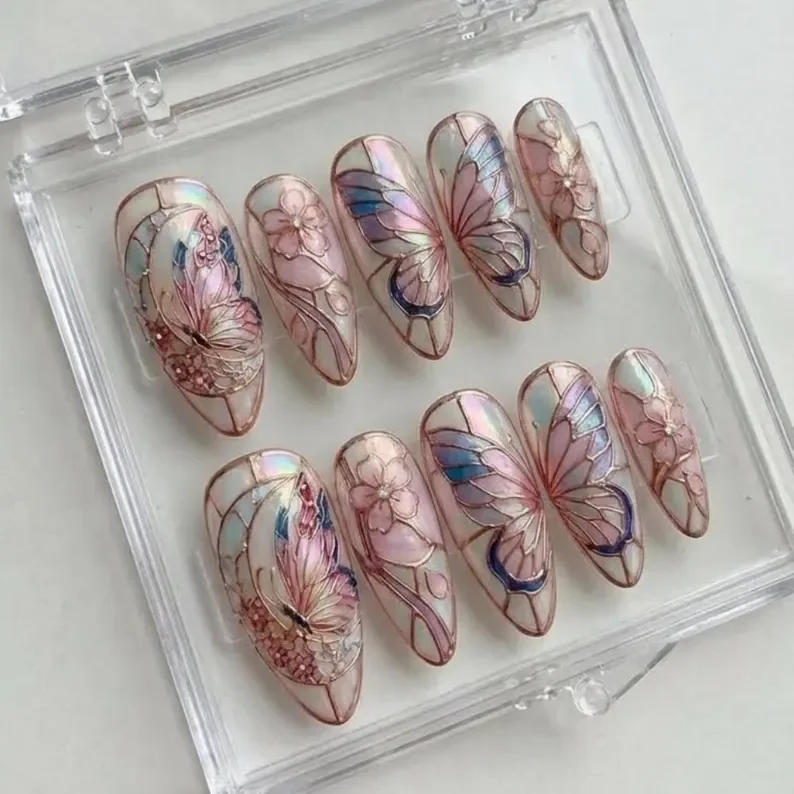 butterfly nail art, cherry blossom nails, press on nails, custom press on nails, fake nails, Nails Art, stained glass nails, gold press on nails, 3d press on nails, luxury press on nails, handmade press on nails