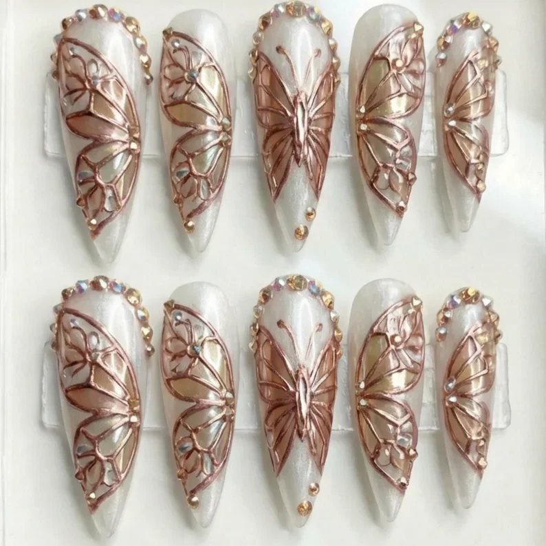 Ethereal Luxury, 3D Butterfly, press on nails, custom press on nails, fake nails, Nails Art, stained glass nails, gold press on nails, 3d press on nails, luxury press on nails, handmade press on nails
