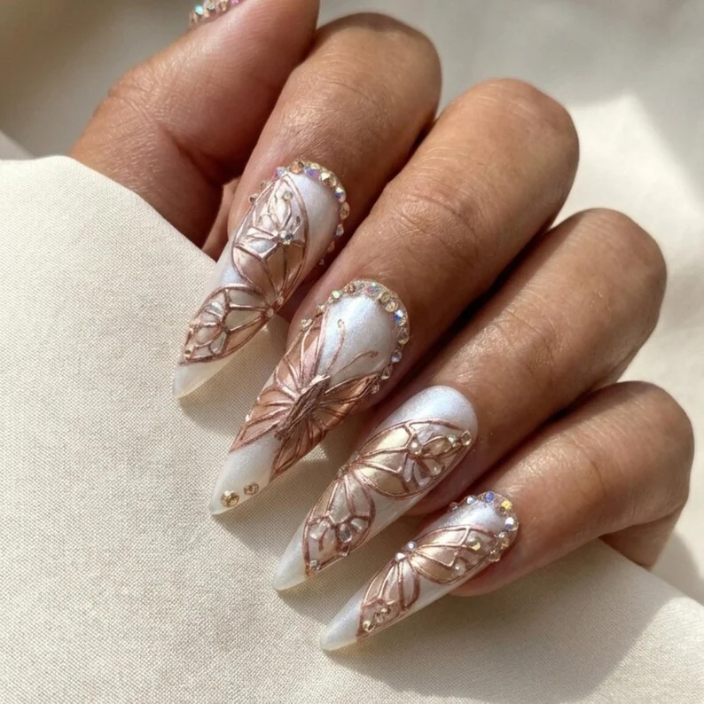 Rose Gold Chrome, Chrome Relief, press on nails, custom press on nails, fake nails, Nails Art, stained glass nails, gold press on nails, 3d press on nails, luxury press on nails, handmade press on nails