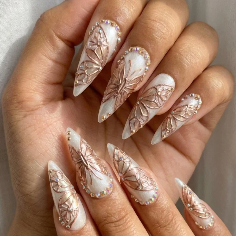 Butterfly Nail Art, Luxury Press Ons, press on nails, custom press on nails, fake nails, Nails Art, stained glass nails, gold press on nails, 3d press on nails, luxury press on nails, handmade press on nails