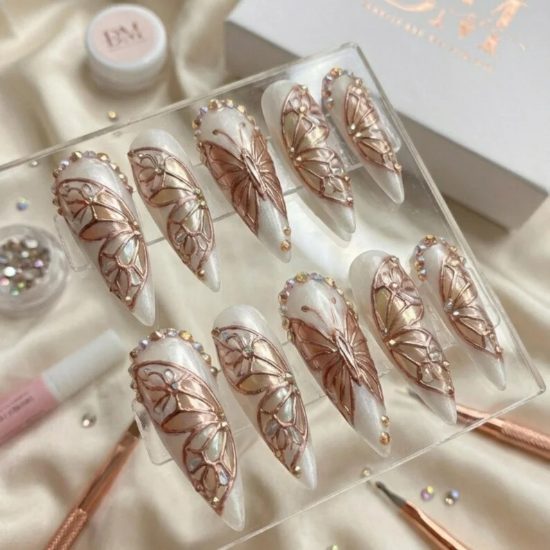 Ethereal Luxury, 3D Butterfly, press on nails, custom press on nails, fake nails, Nails Art, stained glass nails, gold press on nails, 3d press on nails, luxury press on nails, handmade press on nails