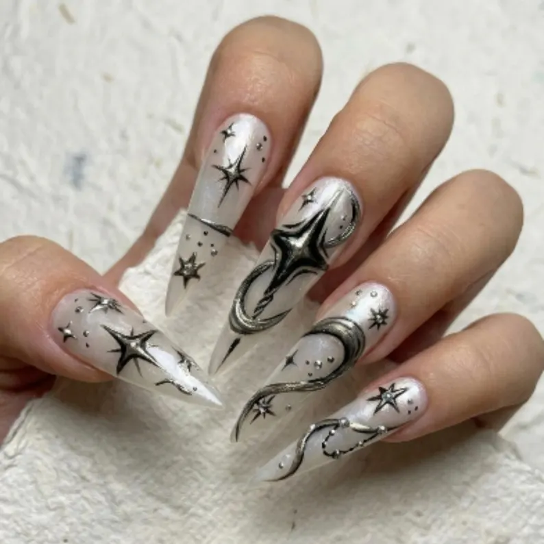 North Star Design, Celestial Starry Night, press on nails, custom press on nails, fake nails, Nails Art, stained glass nails, gold press on nails, 3d press on nails, luxury press on nails, handmade press on nails