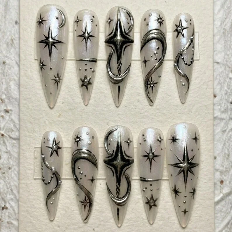 Starry Night Nails, Ethereal North Star, press on nails, custom press on nails, fake nails, Nails Art, stained glass nails, gold press on nails, 3d press on nails, luxury press on nails, handmade press on nails