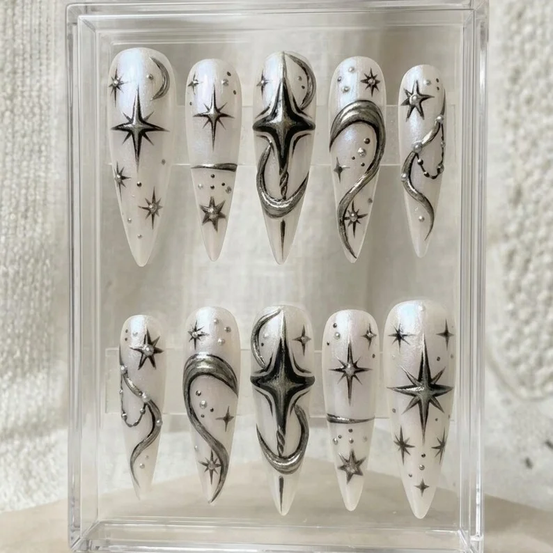 3D Gunmetal Chrome, Press On Nails, press on nails, custom press on nails, fake nails, Nails Art, stained glass nails, gold press on nails, 3d press on nails, luxury press on nails, handmade press on nails