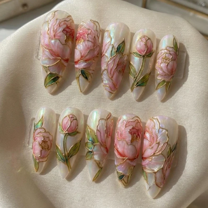 Press On Nails, 3D Hand Painted, press on nails, custom press on nails, fake nails, Nails Art, stained glass nails, gold press on nails, 3d press on nails, luxury press on nails, handmade press on nails