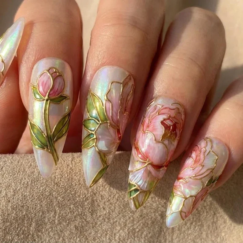 Peony Nail Art, Hand Painted Nails, press on nails, custom press on nails, fake nails, Nails Art, stained glass nails, gold press on nails, 3d press on nails, luxury press on nails, handmade press on nails
