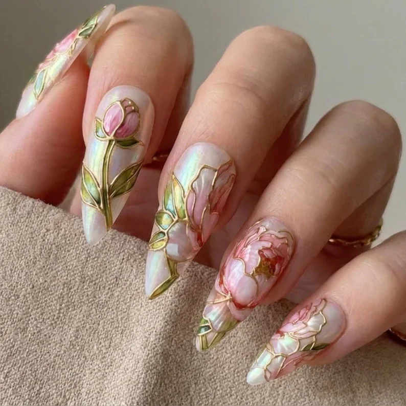 Ethereal Peony Nails, Stained Glass Nails, press on nails, custom press on nails, fake nails, Nails Art, stained glass nails, gold press on nails, 3d press on nails, luxury press on nails, handmade press on nails