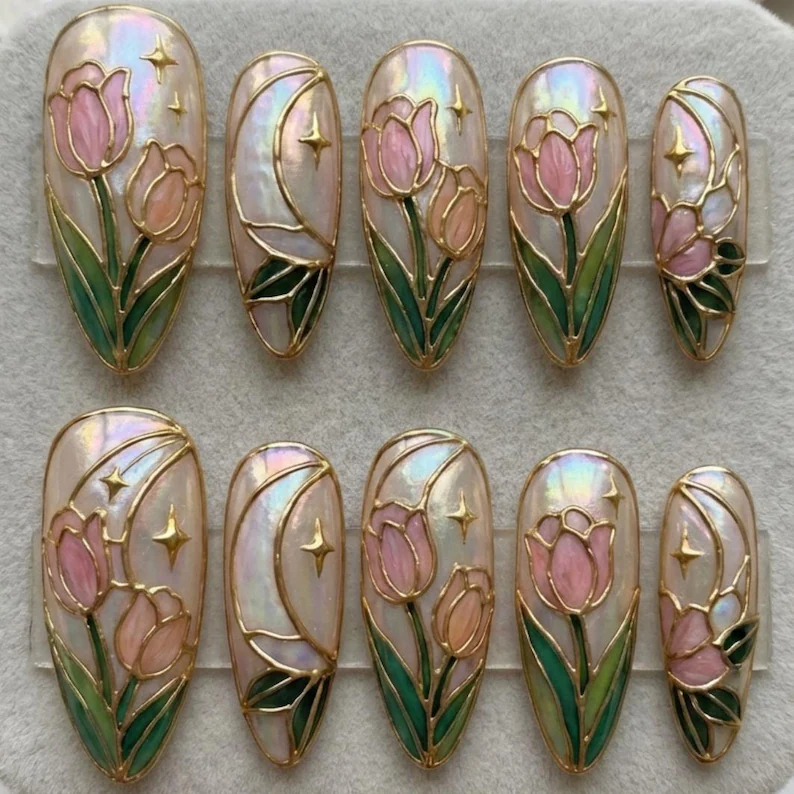 vintage bridal nails, spring wedding nails, press on nails, custom press on nails, fake nails, Nails Art, stained glass nails, gold press on nails, 3d press on nails, luxury press on nails, handmade press on nails