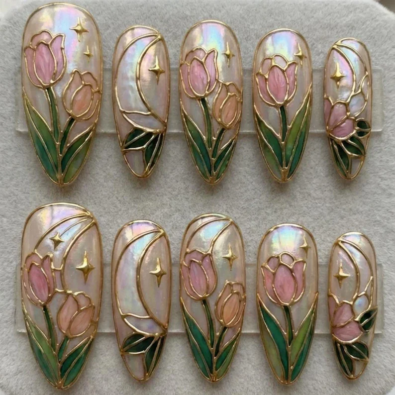 stained glass nails, tulip press on, press on nails, custom press on nails, fake nails, Nails Art, gold press on nails, 3d press on nails, luxury press on nails, handmade press on nails