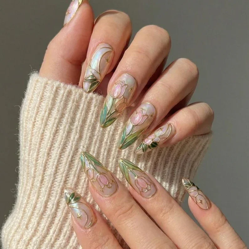 ethereal nail art, press on nails, custom press on nails, fake nails, Nails Art, stained glass nails, gold press on nails, 3d press on nails, luxury press on nails, handmade press on nails