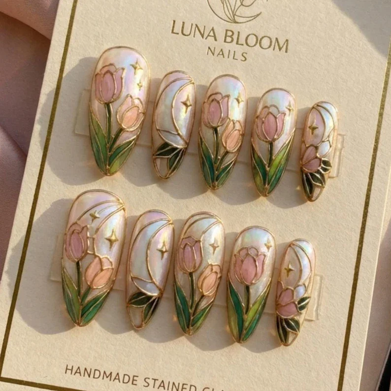 stained glass nails, tulip press on, press on nails, custom press on nails, fake nails, Nails Art, gold press on nails, 3d press on nails, luxury press on nails, handmade press on nails