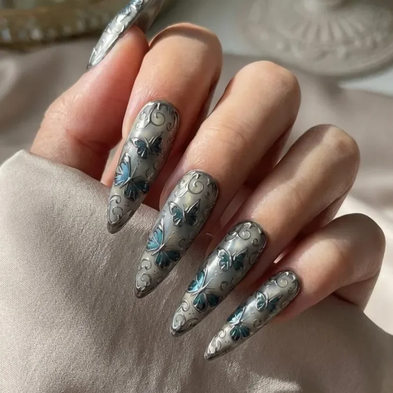 fairycore gothic nails, butterfly stained glass, press on nails, custom press on nails, fake nails, Nails Art, stained glass nails, gold press on nails, 3d press on nails, luxury press on nails, handmade press on nails