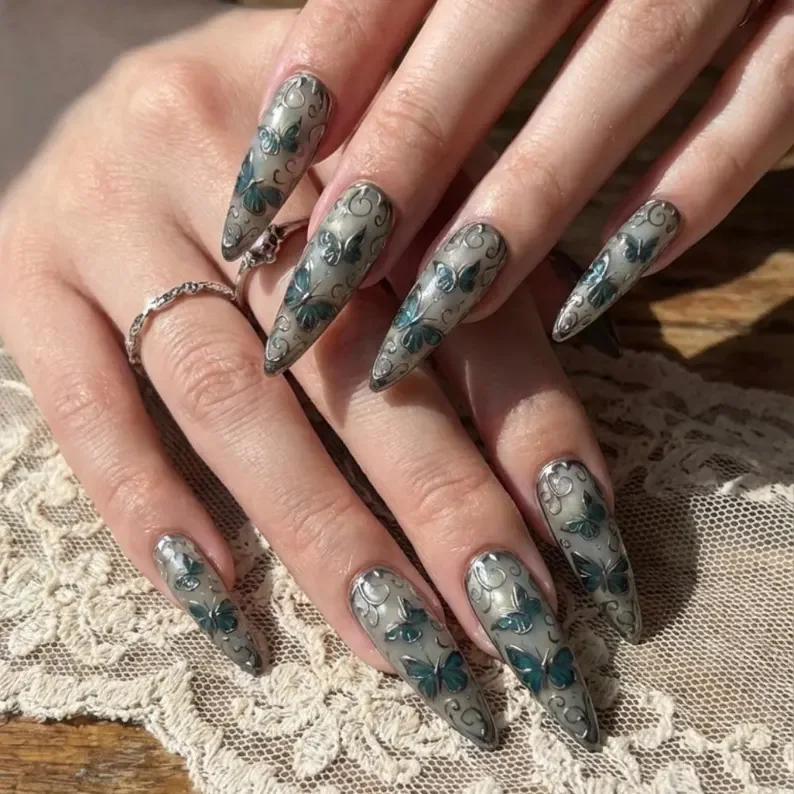 gothic butterfly, stained glass design, press on nails, custom press on nails, fake nails, Nails Art, stained glass nails, gold press on nails, 3d press on nails, luxury press on nails, handmade press on nails