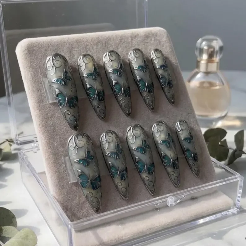 fairycore gothic nails, butterfly stained glass, press on nails, custom press on nails, fake nails, Nails Art, stained glass nails, gold press on nails, 3d press on nails, luxury press on nails, handmade press on nails